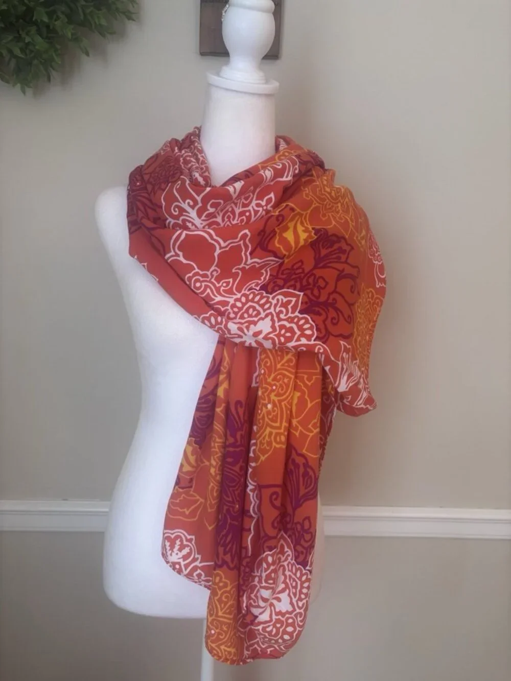 Talbots Womens Orange Floral Wrap Scarf 60